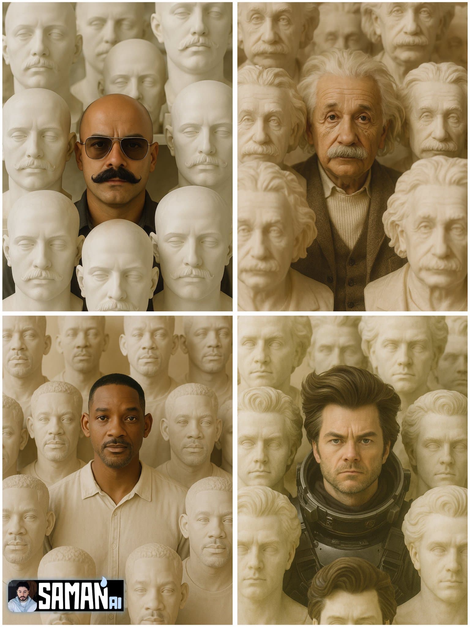 Hyper-realistic portrait at the center of the plaster