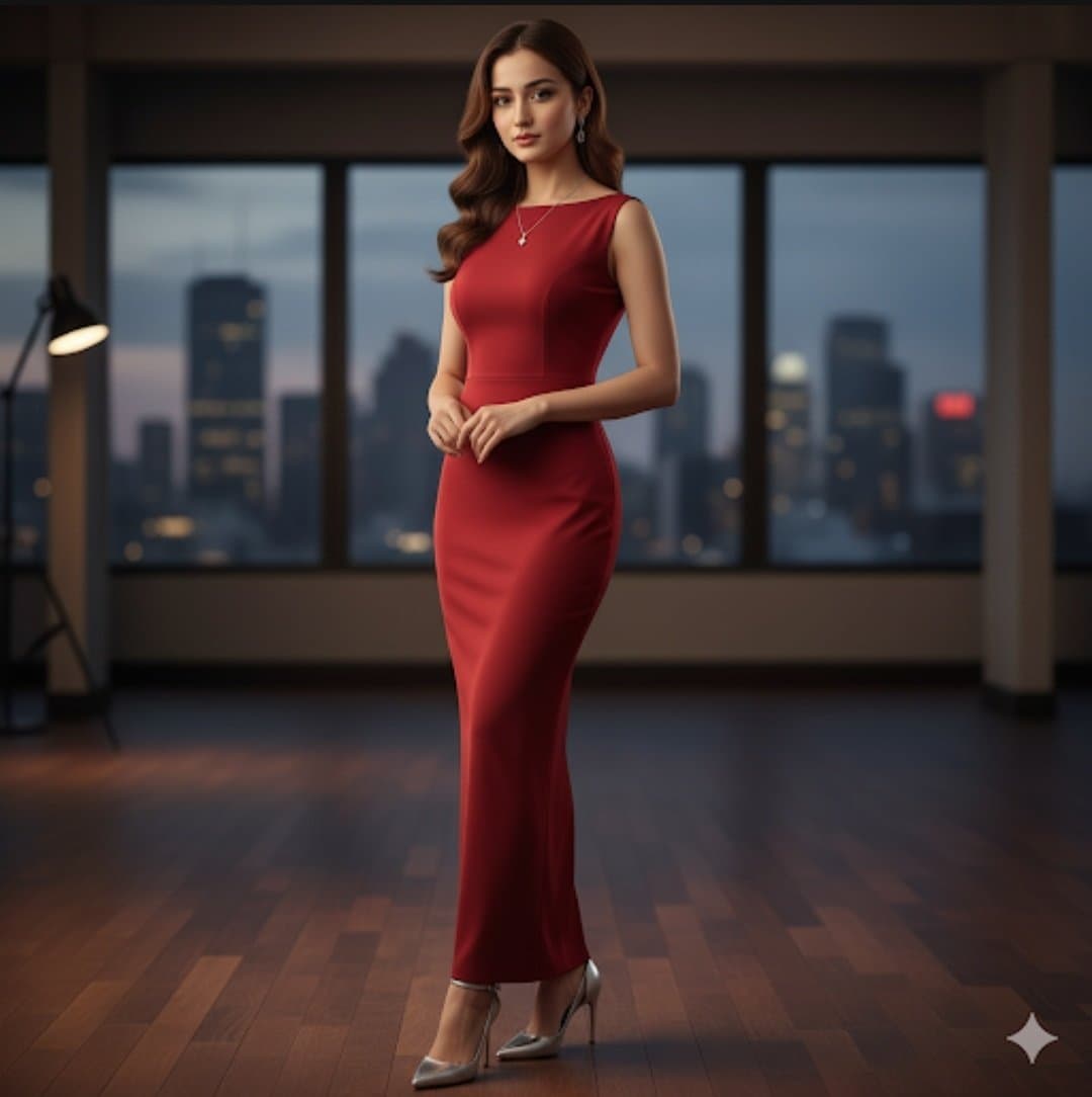 Woman in a red evening gown