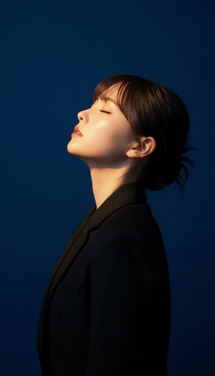 A cinematic side profile portrait of a young woman