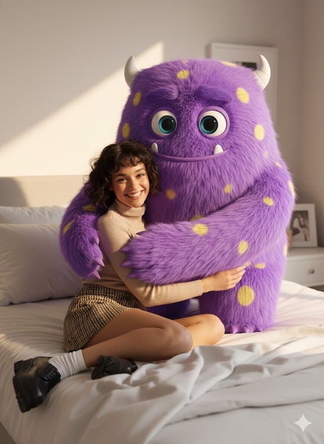 Sitting next to a fluffy, giant, adorable cartoon monster