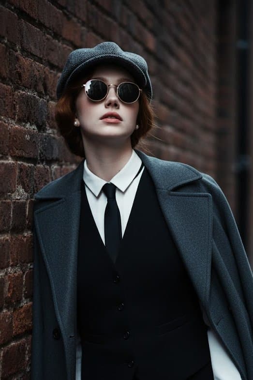 Wearing a newsboy cap and a black vest