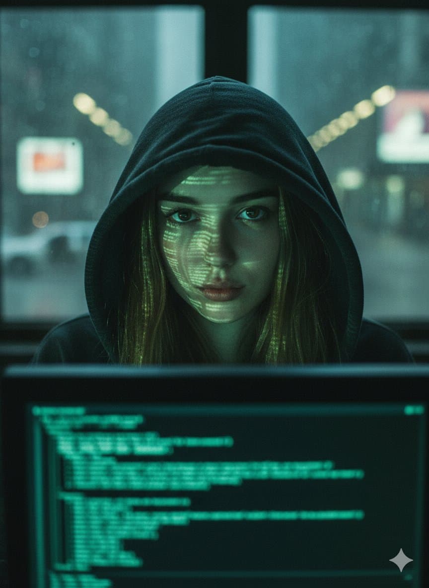 Close-up portrait of a young woman wearing a dark hoodie
