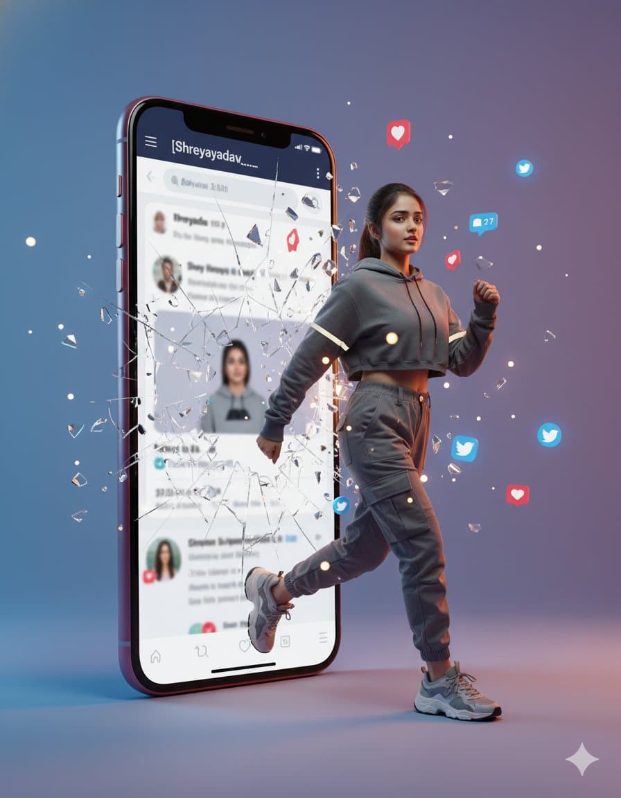 A woman emerges from a smartphone screen.