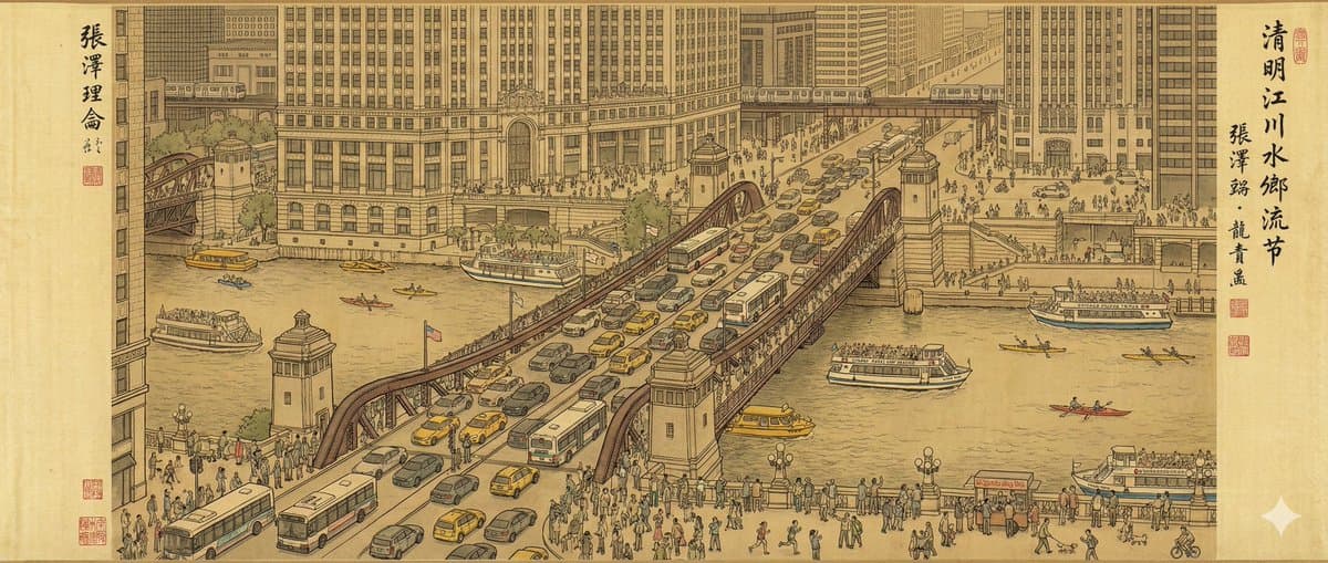 Modern Chicago Riverfront in the Style of the Qingming Riverside Painting