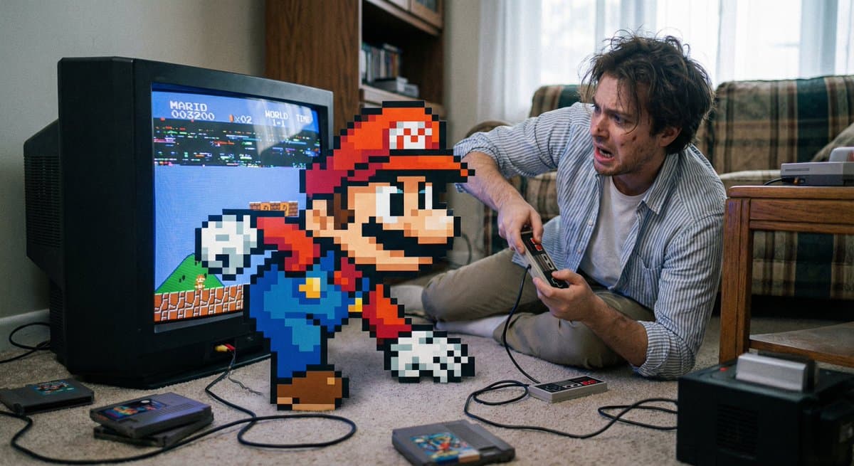 The game character tries to climb out of the TV screen into the living room.