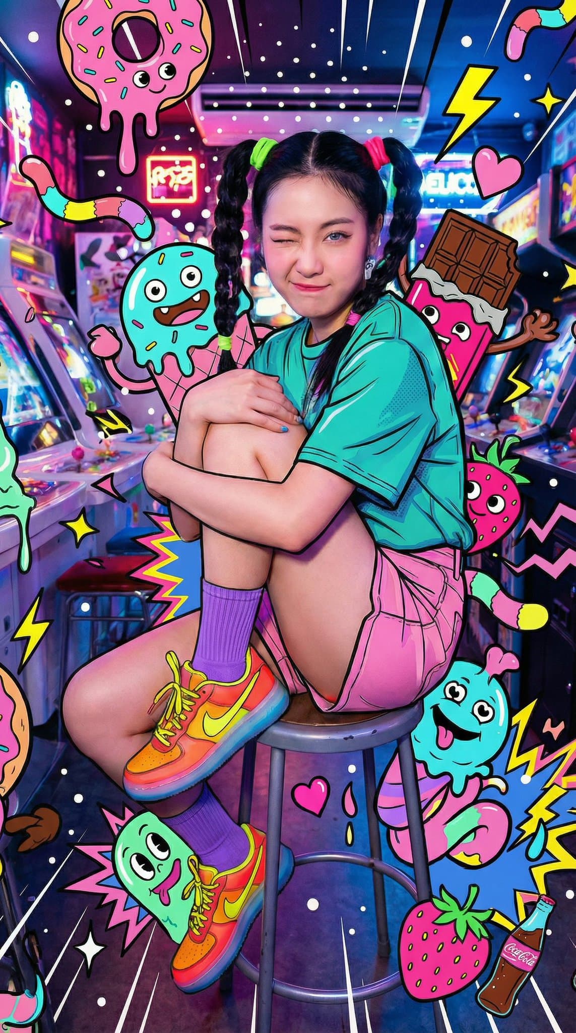 A young woman sits sideways on an arcade stool.