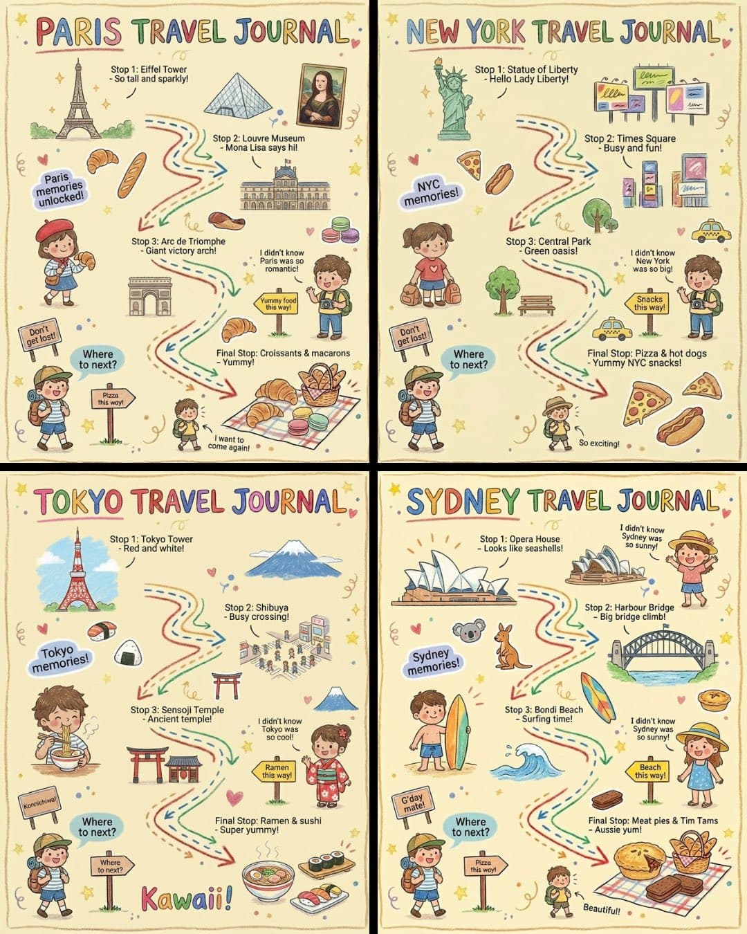 Children's hand-drawn travel journal style