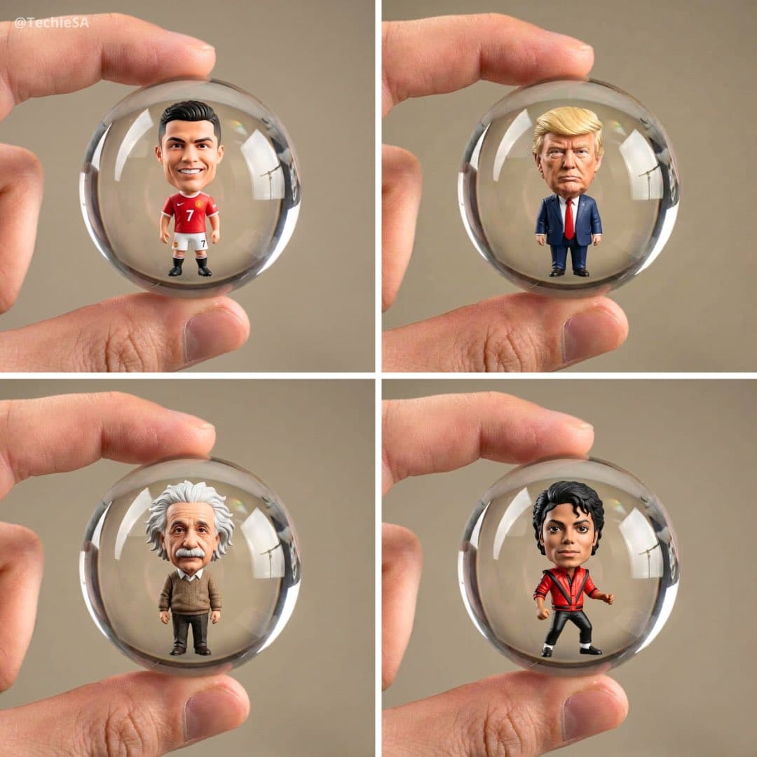 The character is being held inside a transparent glass sphere.