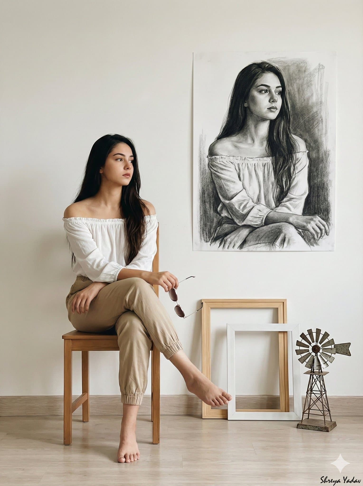 A woman sits barefoot, cross-legged on a simple wooden chair.