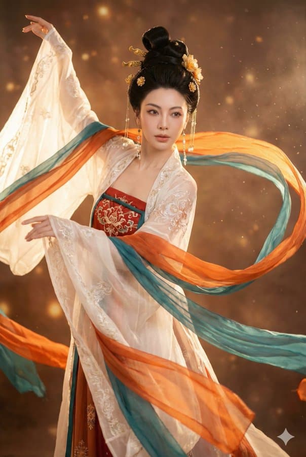 A young woman dressed in elegant Tang Dynasty attire