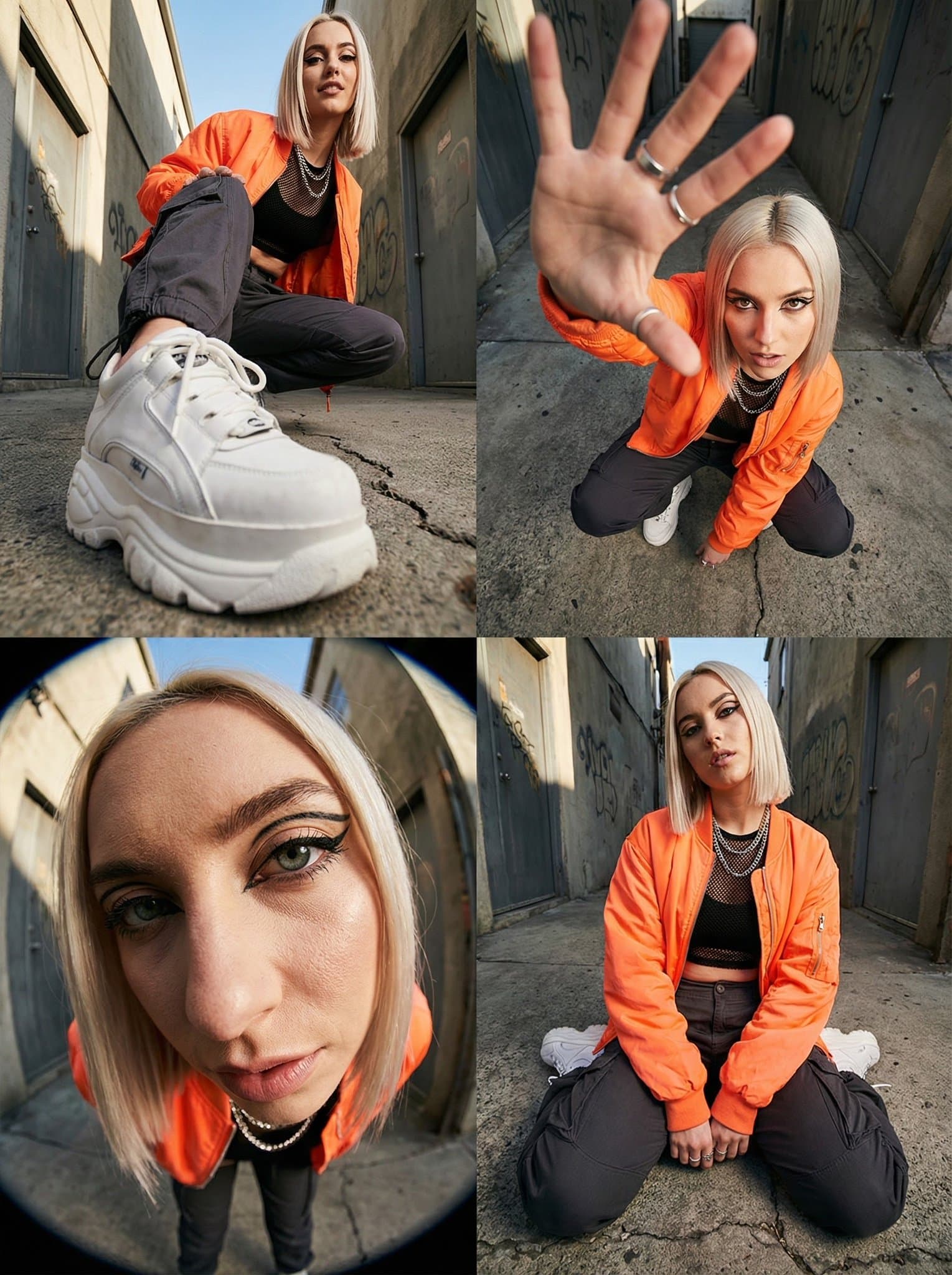 High-fashion photography captured with an ultra-wide-angle lens.