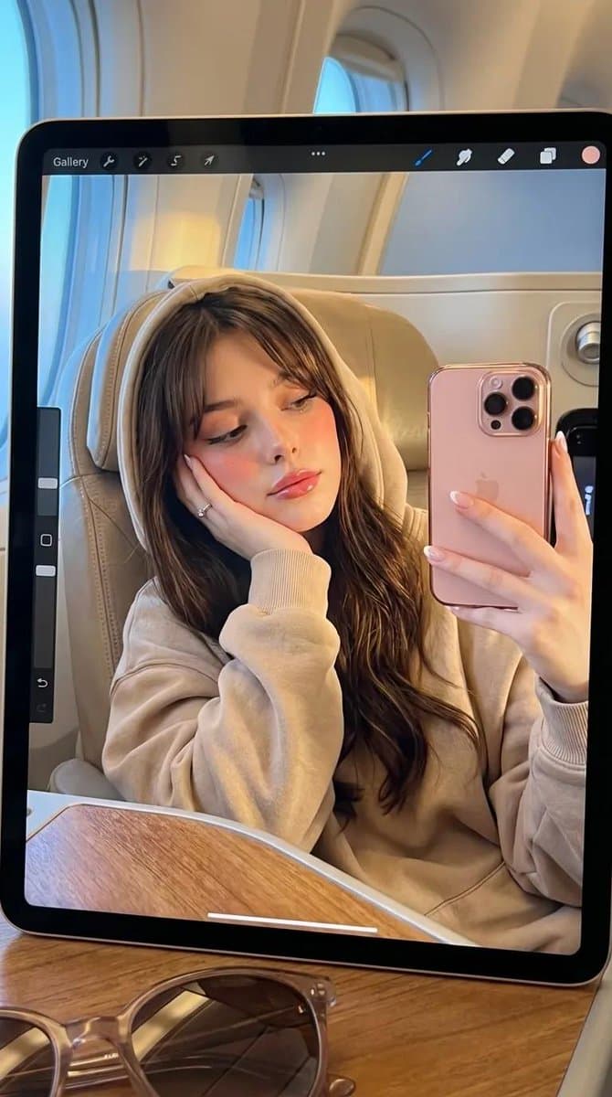 A mulher refletida na tela do iPad apoiada na mesa dobrável do avião