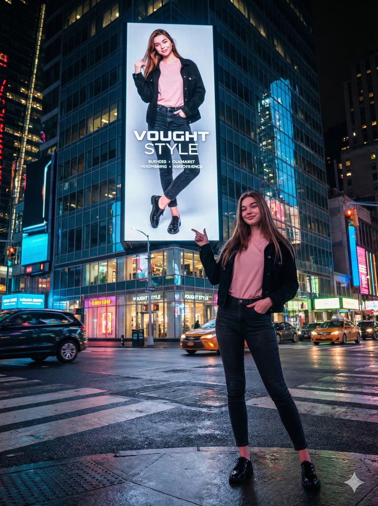 The person appears on a giant digital billboard.