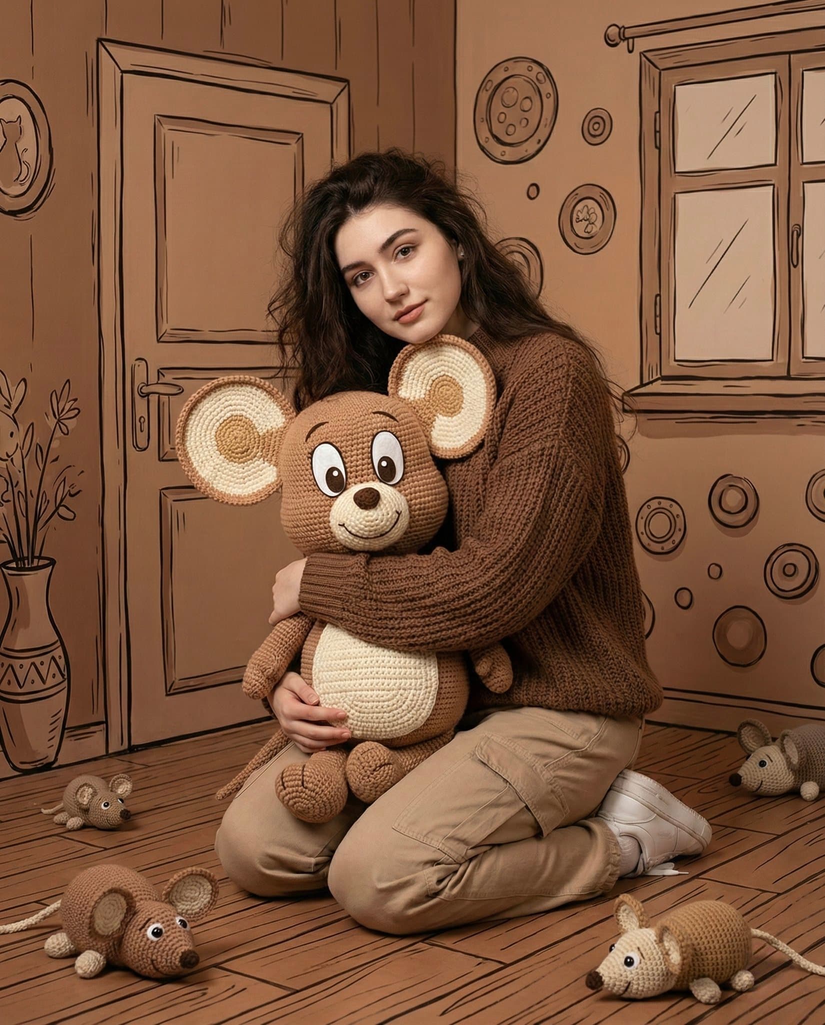 A woman holding a large plush mouse