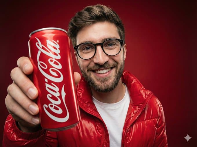 Человек с улыбкой держит алюминиевую банку Coca‑Cola.