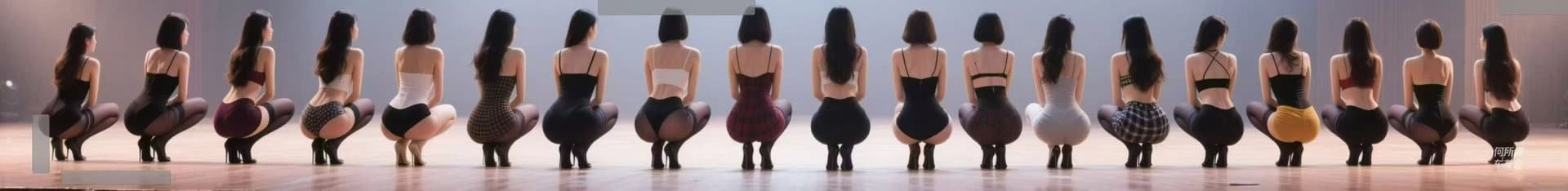 Multiple women are squatting on the stage.
