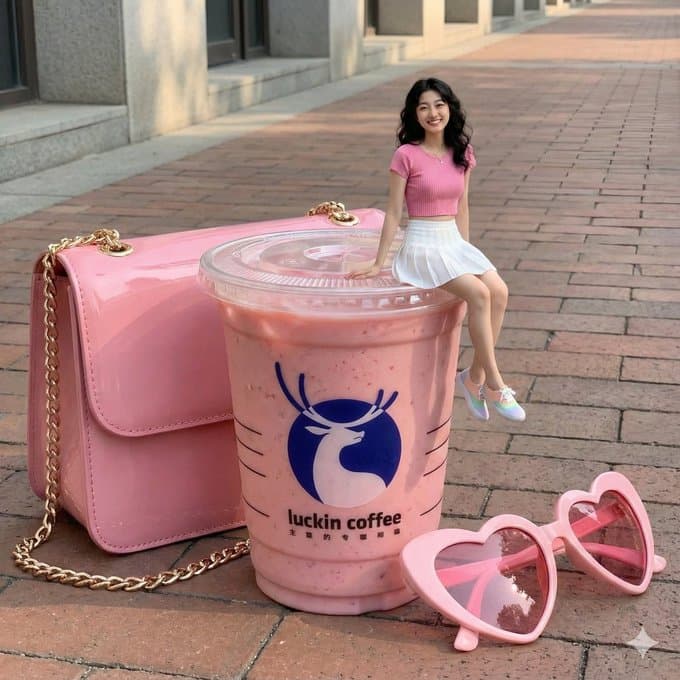 A girl is sitting on a Luckin Coffee iced beverage cup.