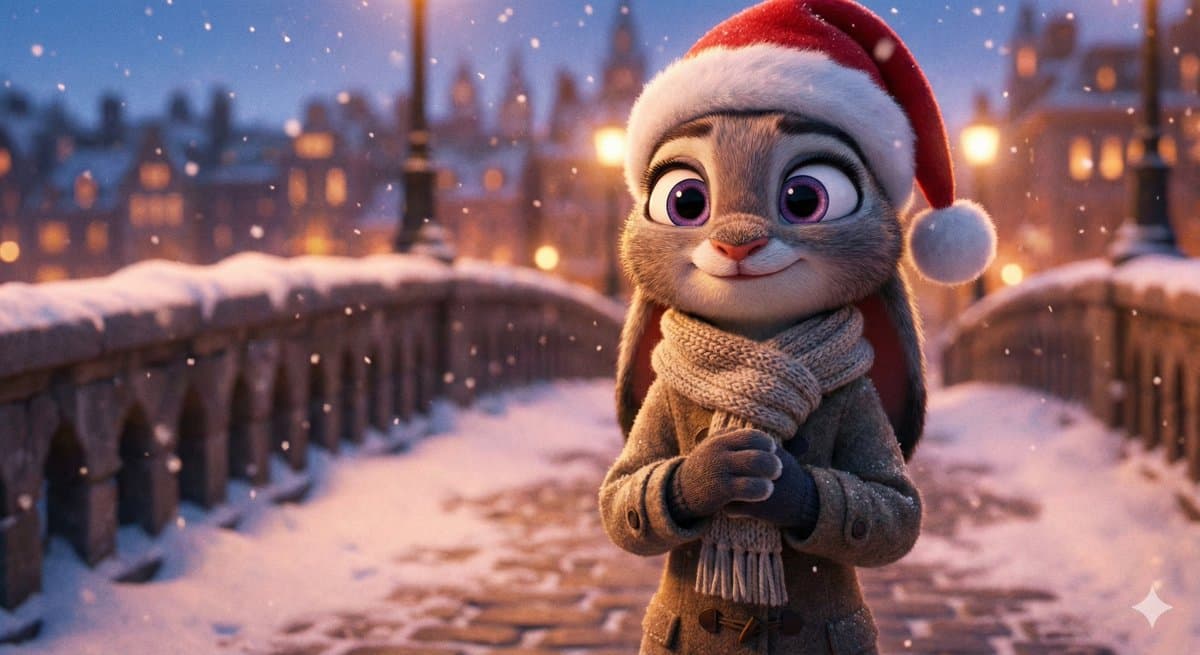 Judy stands on the snow bridge.