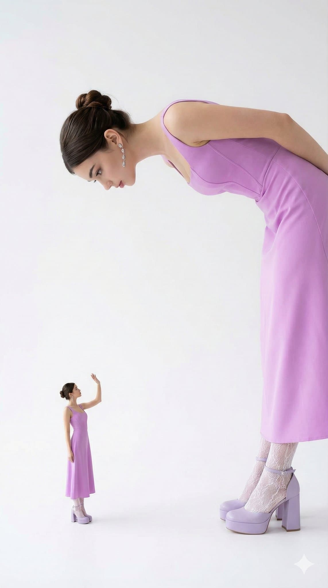Comparación de proporciones de dos versiones de vestido largo en color lila para mujer